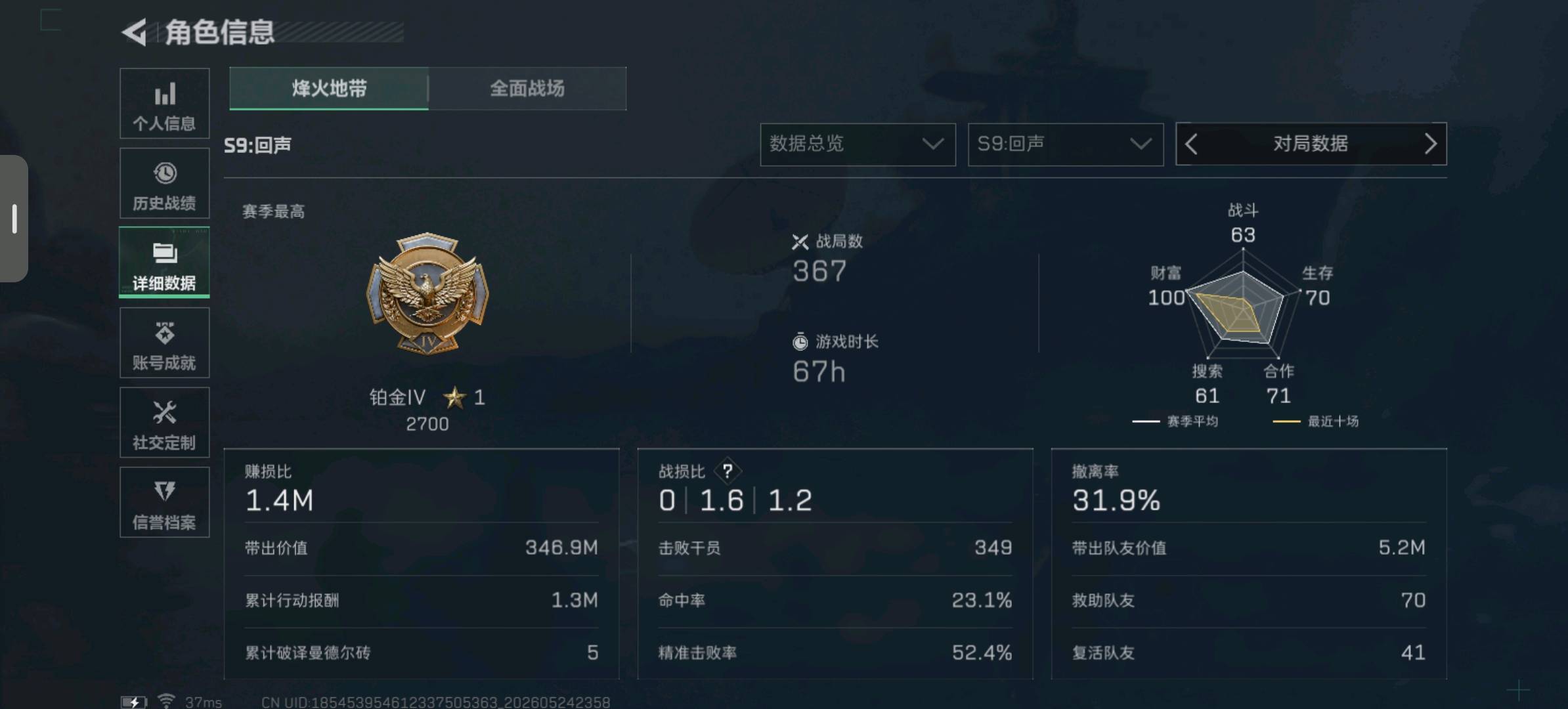 SJZ360141号 总资产:543M,纯币资产:219M,段位:铂金